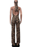 Yellow Sexy Print Leopard Patchwork Backless Halter Straight Jumpsuits
