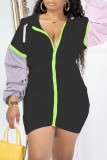 Black Casual Patchwork Fold Contrast Zipper Hooded Collar Long Sleeve Dresses