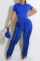 Blue Sexy Solid Tassel O Neck Short Sleeve Two Pieces