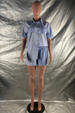 Blue Casual Striped Patchwork Turndown Collar Short Sleeve Two Pieces