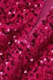 Rose Red Sexy Patchwork Sequins Backless V Neck Sleeveless Dress Dresses
