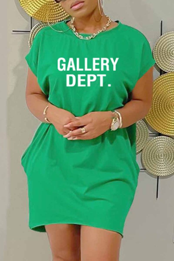 Green Casual Street Print Letter O Neck Irregular Dress Dresses