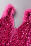 Rose Red Sexy Patchwork Sequins Backless V Neck Sleeveless Dress Dresses