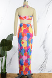 Blue Sexy Print Backless Spaghetti Strap Long Dress Dresses