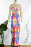 Blue Sexy Print Backless Spaghetti Strap Long Dress Dresses