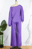 Purple Casual Print Polka Dot Patchwork Oblique Collar Long Sleeve Two Pieces