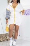 Grey Casual Patchwork Fold Contrast Zipper Hooded Collar Long Sleeve Dresses