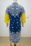 Yellow Blue Casual Print Patchwork Pocket Buttons Turndown Collar Straight Dresses