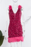 Rose Red Sexy Patchwork Sequins Backless V Neck Sleeveless Dress Dresses