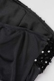 Black Sexy Patchwork Sequins See-through Backless Strapless Sleeveless Two Pieces