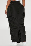 Black Street Solid Draw String Pocket Fold High Waist Straight Solid Color Bottoms