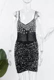 Black Sexy Patchwork Hot Drilling Backless V Neck Sling Dress Dresses