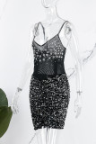 Black Sexy Patchwork Hot Drilling Backless V Neck Sling Dress Dresses