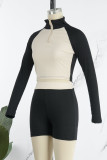 Khaki Casual Sportswear Solid Patchwork Zipper Collar Long Sleeve Two Pieces