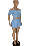 Light Blue Casual Solid Patchwork Off the Shoulder Short Sleeve Two Pieces