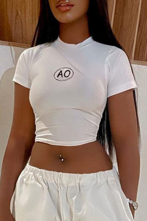 White Casual Street Print Patchwork O Neck T-Shirts