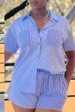 Khaki Casual Striped Patchwork Turndown Collar Short Sleeve Two Pieces