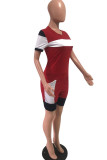Red Fashion Casual adult Ma'am Patchwork contrast color Two Piece Suits Straight Short Sleeve Two Pieces
