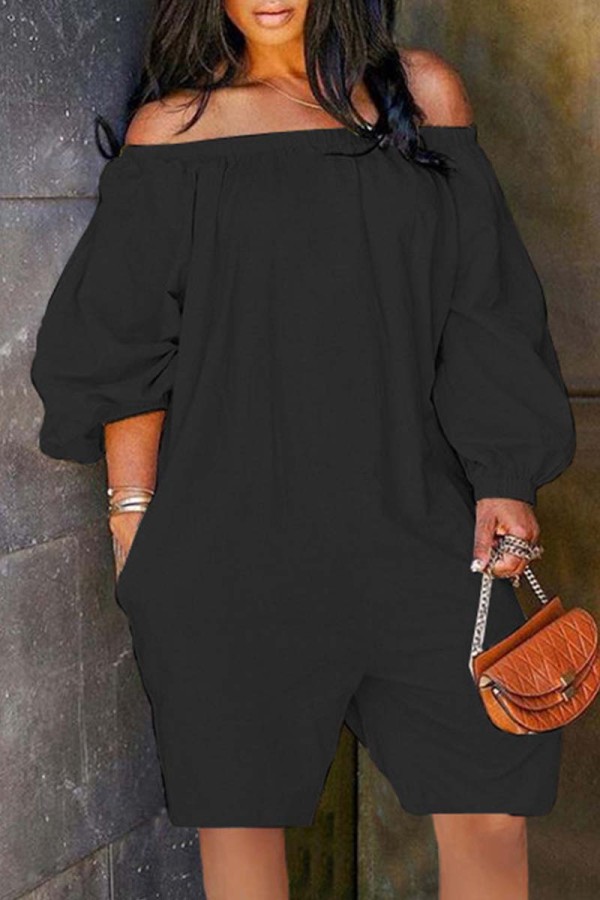 Black Casual Solid Patchwork Backless Off the Shoulder Regular Romper