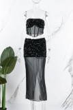 Black Sexy Patchwork Sequins See-through Backless Strapless Sleeveless Two Pieces