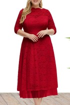 Red Casual Solid Patchwork See-through O Neck A Line Plus Size Dresses
