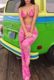 Pink Sexy Print Bandage Backless Spaghetti Strap Sleeveless Two Pieces