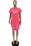Rose Red Casual Street Print Letter O Neck Irregular Dress Dresses