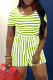 Green Casual Striped Print Basic O Neck Short Sleeve Two Pieces