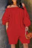 Red Casual Solid Patchwork Backless Off the Shoulder Regular Romper