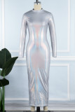 Silver Casual Solid Basic Half A Turtleneck Long Sleeve Dresses