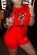 Red Casual Print Letter O Neck Short Sleeve Two Pieces