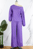 Purple Casual Print Polka Dot Patchwork Oblique Collar Long Sleeve Two Pieces