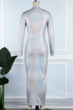 Silver Casual Solid Basic Half A Turtleneck Long Sleeve Dresses