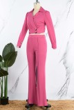 Rose Red Casual Solid Patchwork V Neck Long Sleeve Two Pieces