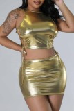 Champagne Casual Solid Bandage O Neck Sleeveless Two Pieces