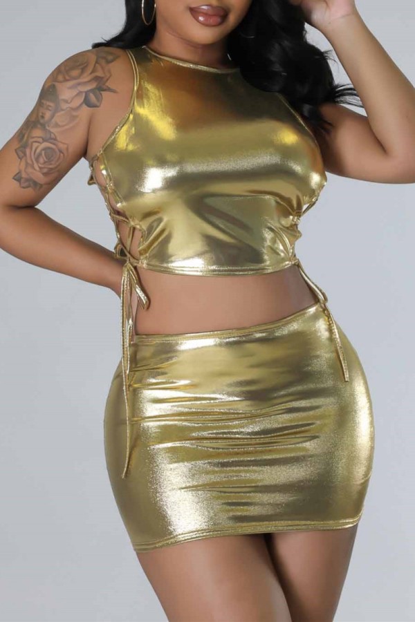 Champagne Casual Solid Bandage O Neck Sleeveless Two Pieces