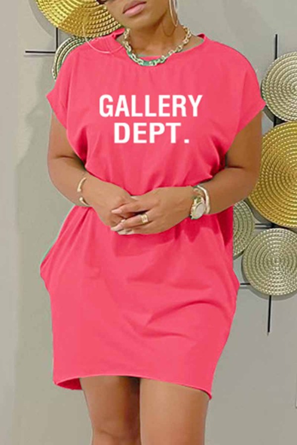 Rose Red Casual Street Print Letter O Neck Irregular Dress Dresses