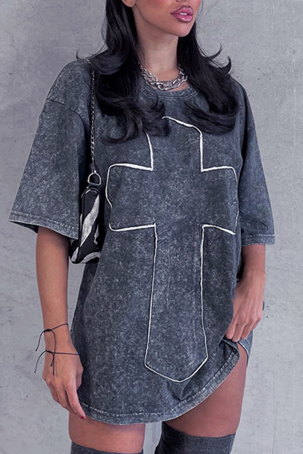 Dark Gray Casual Street Print Patchwork O Neck T-Shirts
