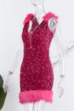 Rose Red Sexy Patchwork Sequins Backless V Neck Sleeveless Dress Dresses