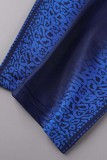 Blue Casual Print Backless Off the Shoulder Long Sleeve Two Pieces