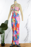 Blue Sexy Print Backless Spaghetti Strap Long Dress Dresses