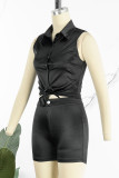 Ink Green Casual Solid Buttons Turndown Collar Sleeveless Two Pieces