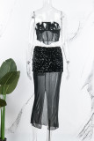 Black Sexy Patchwork Sequins See-through Backless Strapless Sleeveless Two Pieces