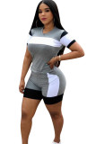 Grey Fashion Casual adult Ma'am Patchwork contrast color Two Piece Suits Straight Short Sleeve Two Pieces