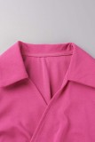 Rose Red Casual Solid Patchwork V Neck Long Sleeve Two Pieces