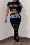 Black Street Print Hollowed Out Patchwork O Neck Short Sleeve Two Pieces