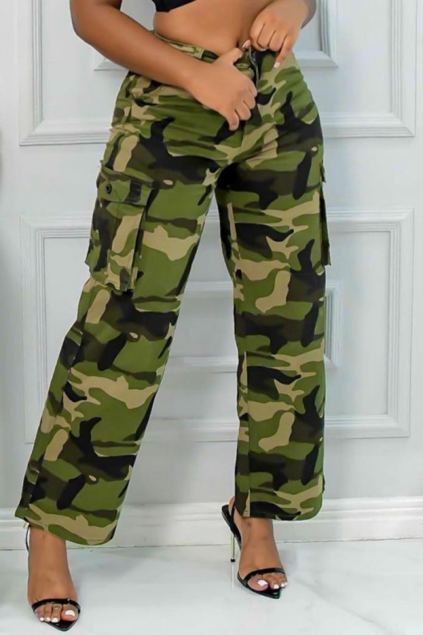Green Casual Camouflage Print Patchwork Regular High Waist Conventional Full Print Trousers