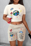 Red Casual Street Print Patchwork O Neck Short Sleeve Two Pieces