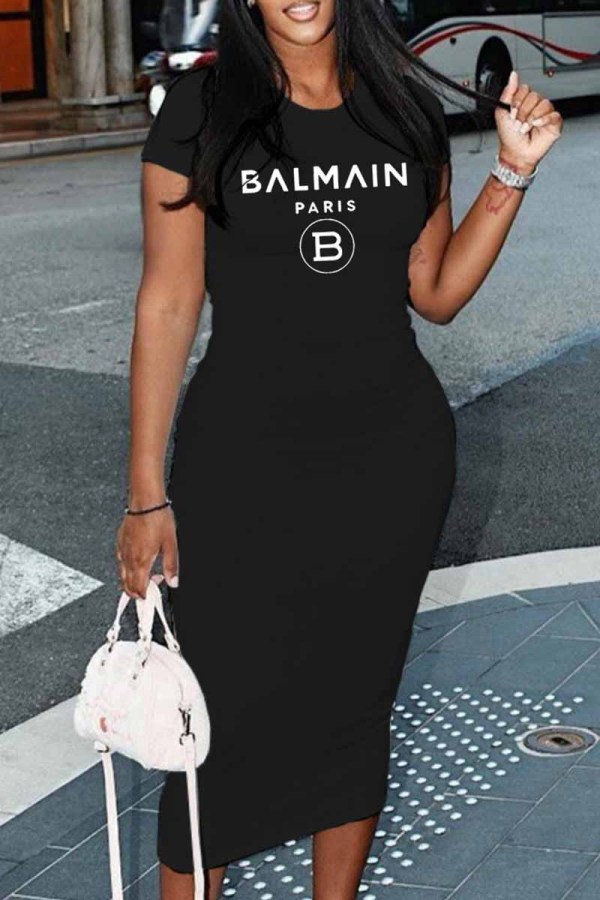 Black Casual Print Letter O Neck One Step Skirt Dresses