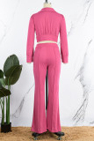 Rose Red Casual Solid Patchwork V Neck Long Sleeve Two Pieces